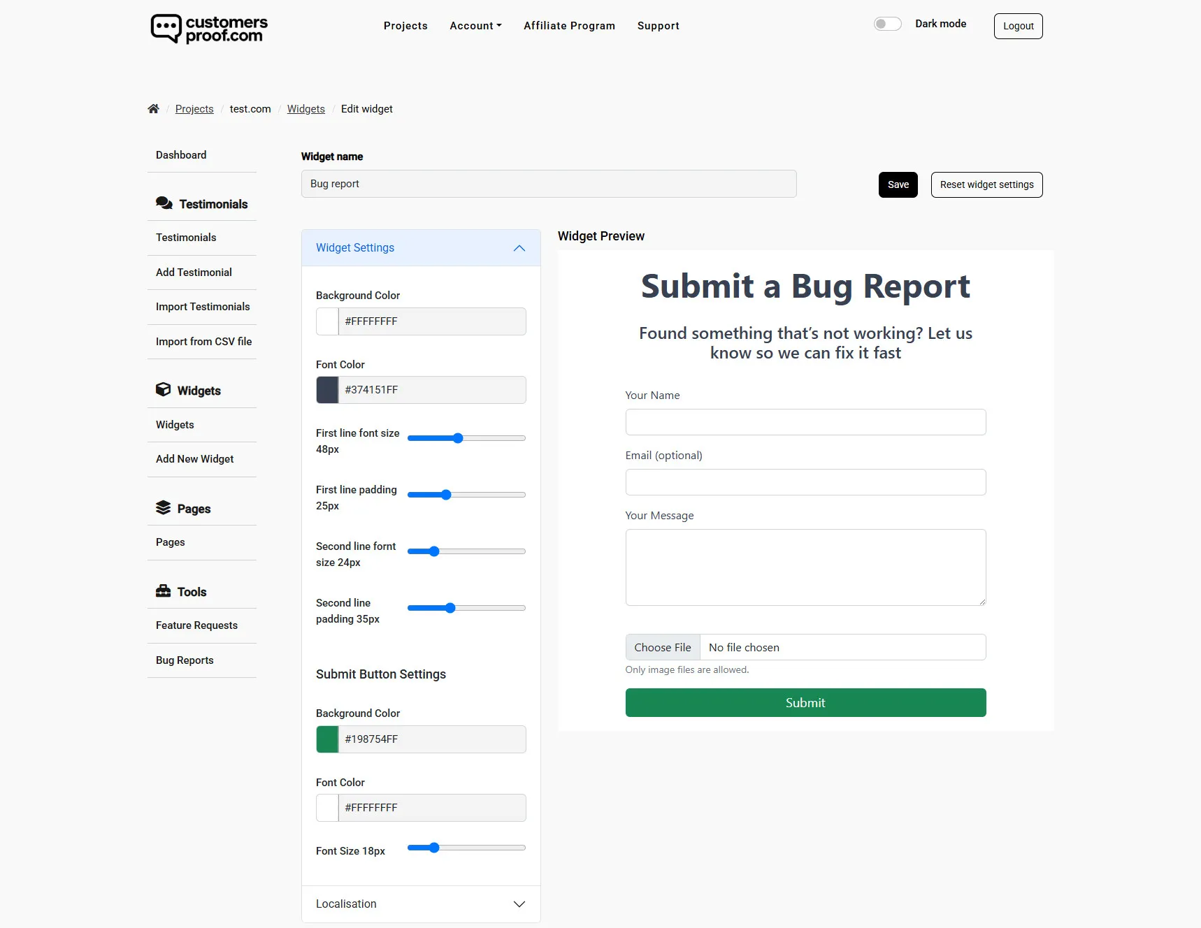 Widget editor in CustomersProof Testimonial Collection Tool