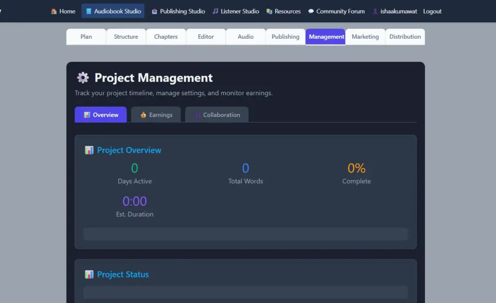 Management Screen AI Audiobook Creator
