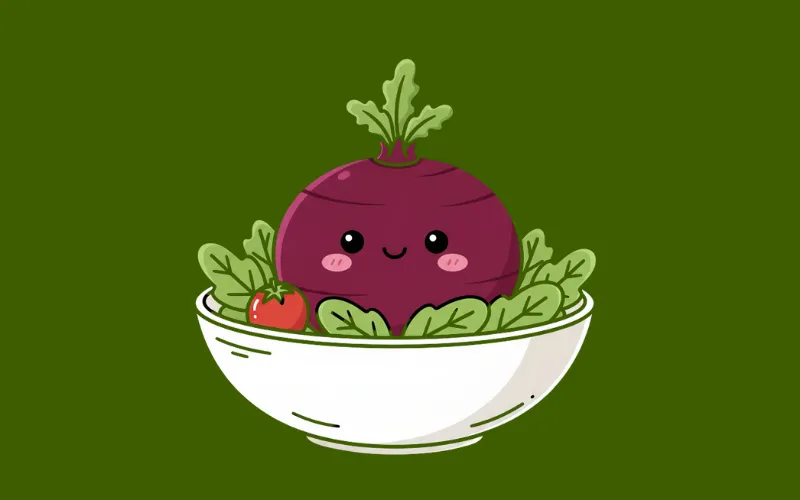Smiling cartoon beet in a bowl with greens and tomato on dark green background