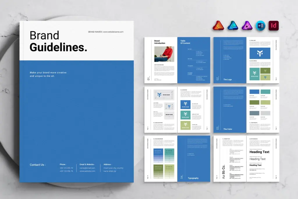 Open brand guidelines document showing cover, Table of Content, Logo, and Color sections.