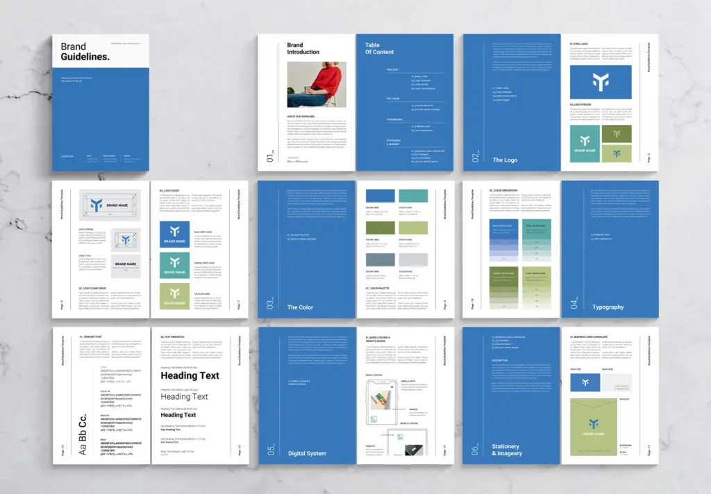Grid layout showing various open pages of the brand guidelines, including the Cover, Table of Content, Introduction, Logo, Color, Typography, Digital System, and Stationery sections.
