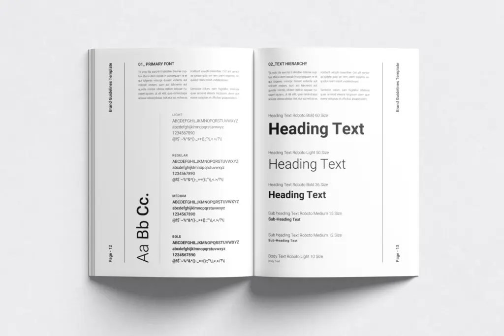 Open pages of the brand guidelines showing the Typography section with font weights (Light, Regular, Medium, Bold) and heading hierarchy examples.