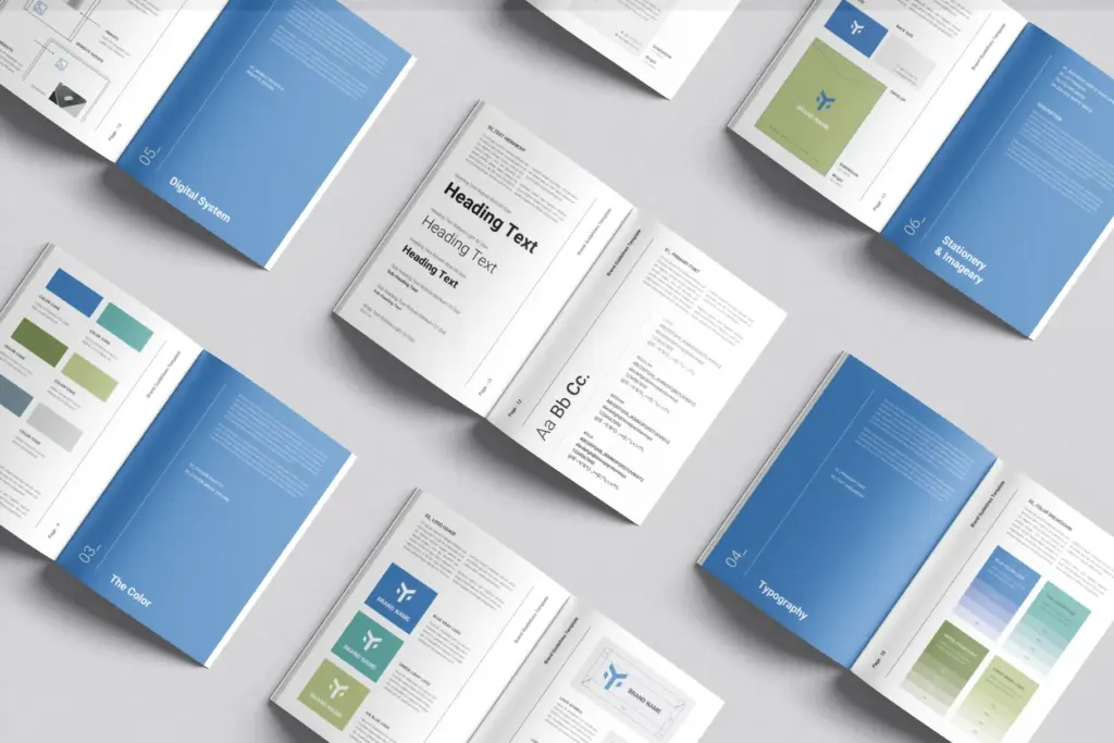 Overhead view of multiple open brand guideline documents, showing sections like Color, Typography, Stationery & Imagery, and Digital System.