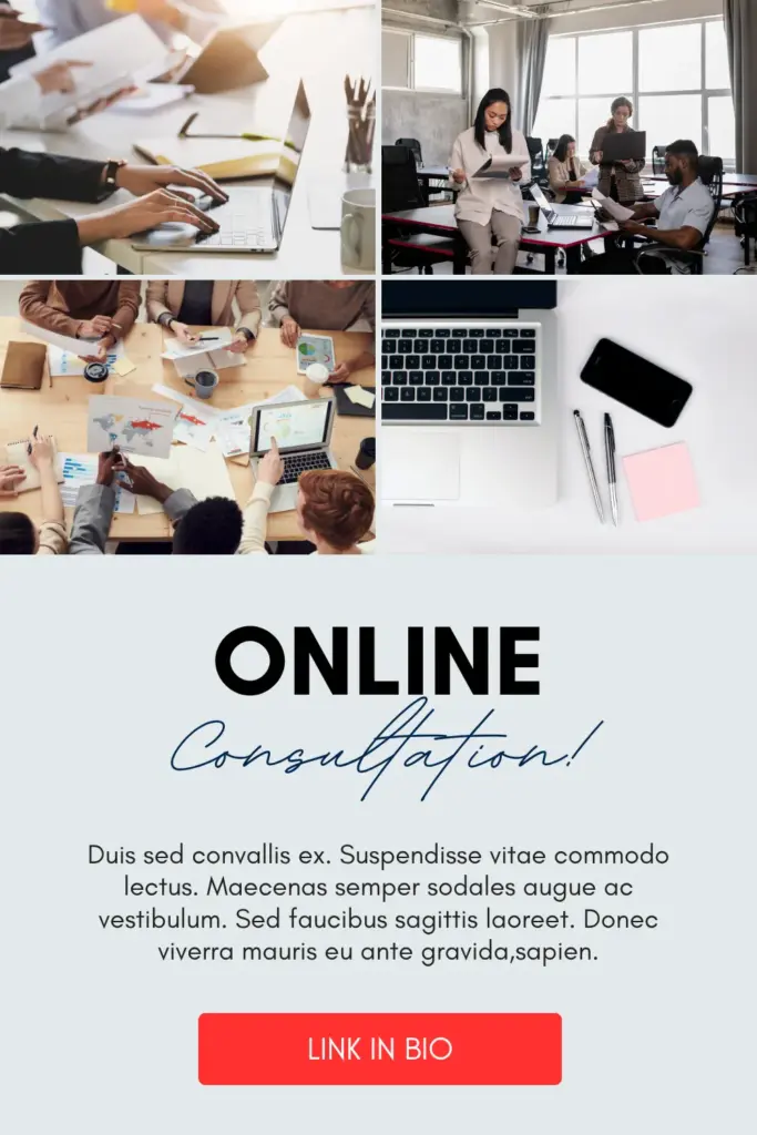 Remote work and team collaboration visuals promoting online consultation.