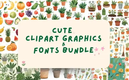 Cute Clipart Graphics & Fonts Bundle Feature Image