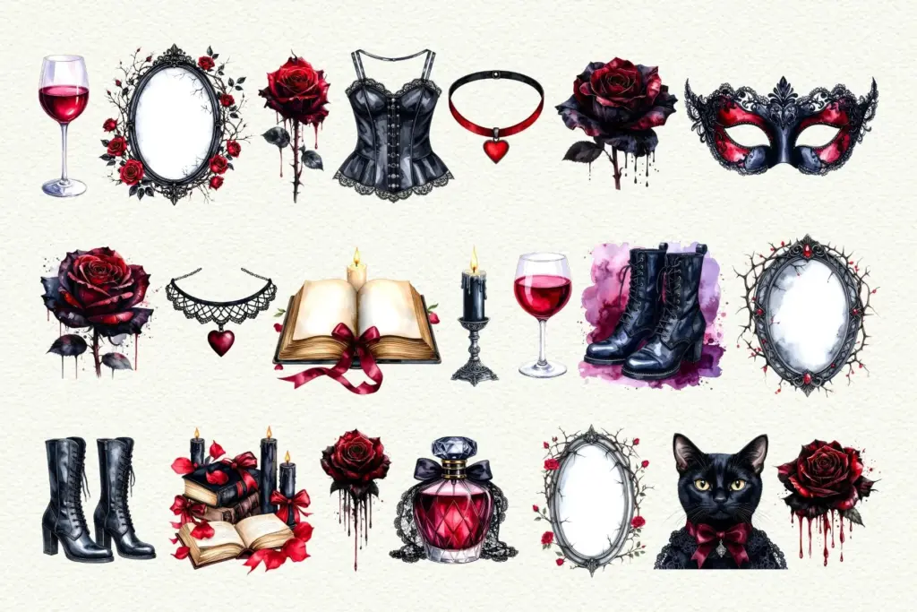 A large collection of watercolor dark romance clipart elements, including red roses, corsets, boots, wine glasses, masks, framed mirrors, books, and a black cat.