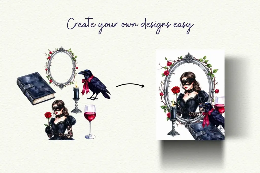 Watercolor clipart showing individual elements (woman in mask, raven, book, wine, frame, candle) being assembled into a cohesive dark romance design.