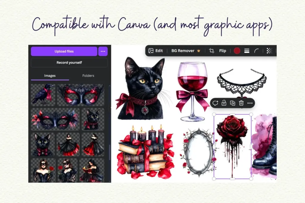 An image demonstrating the use of the dark romance clipart PNGs within the Canva graphic design interface.