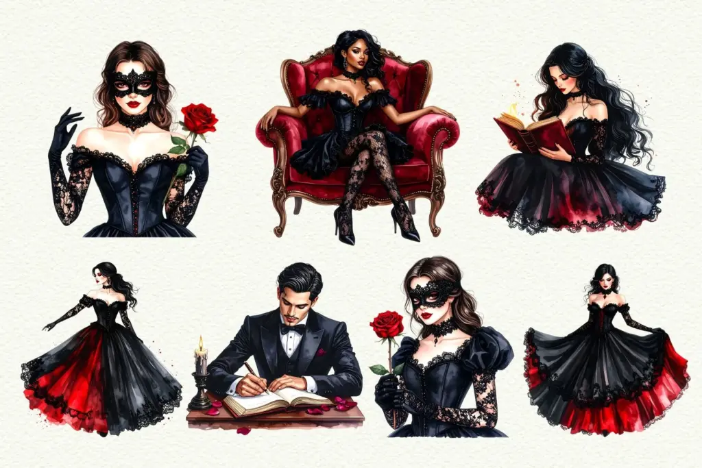 A collage of six individual watercolor illustrations of women and one man in dark romance/masquerade themes, featuring black and red outfits, masks, and roses.