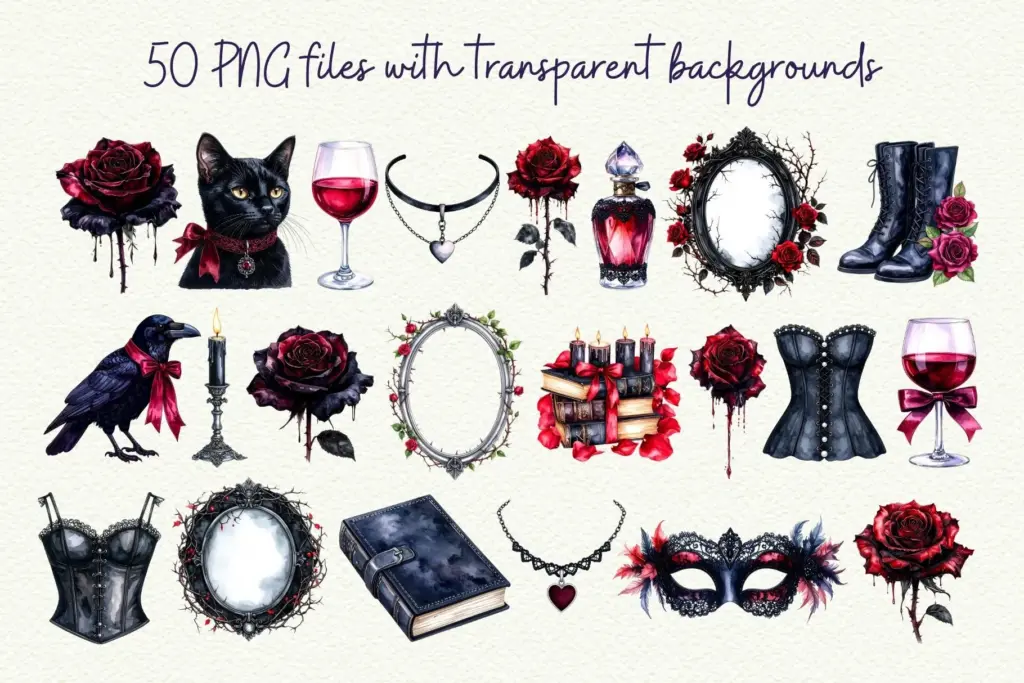 A grid display of approximately 20 different dark romance watercolor clipart elements (cat, raven, wine, roses, books, corsets, masks) with transparent backgrounds.