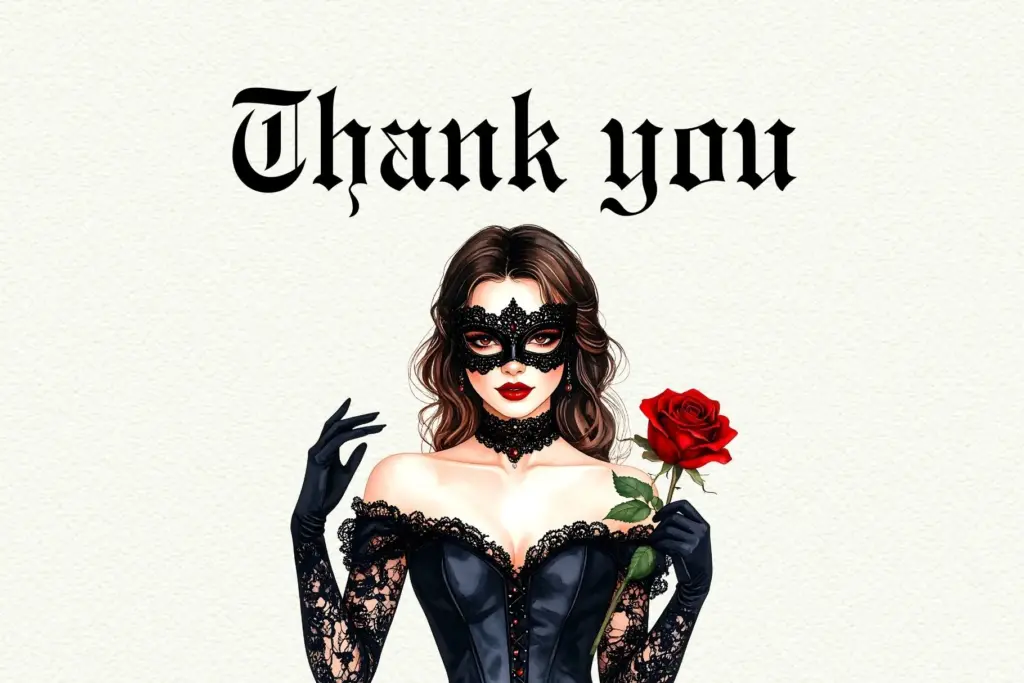 Watercolor illustration of a woman in a black lace mask and gloves, holding a single red rose, with the words "Thank you" above her.