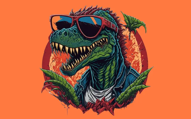 Sunglass-wearing cartoon dinosaur in denim jacket with fiery red backdrop