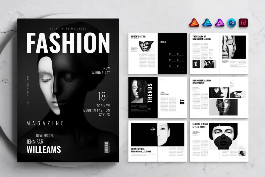 Minimalist fashion cover with grid of editorial pages.