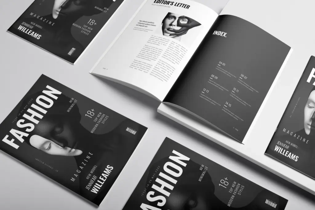 - Painted face cover with editor’s letter and content index.