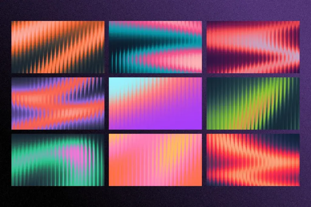 Collage of nine vivid fractal glass gradients in various neon and contrasting colors.