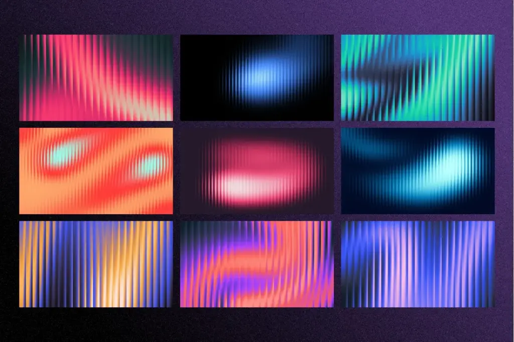 Collage of nine glowing fractal glass gradients with blue, red, and purple light effects.