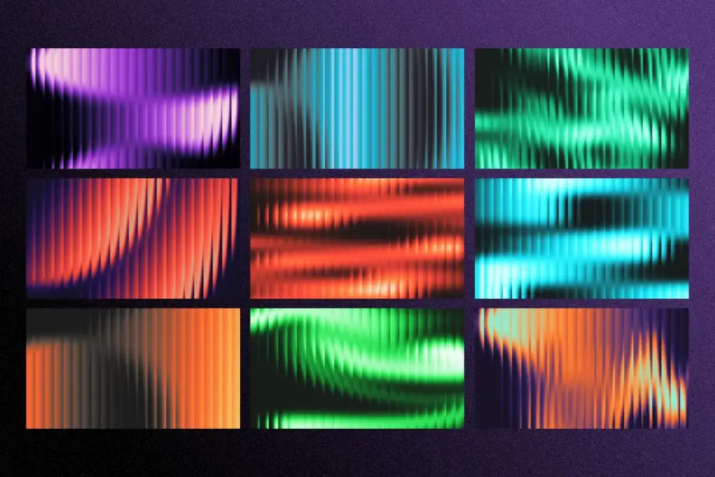 Collage of nine dark and intense fractal glass gradients with glowing red, purple, teal, and green light.