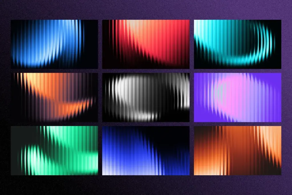 Collage of nine fractal glass gradients with strong circular light centers and a grayscale pattern.
