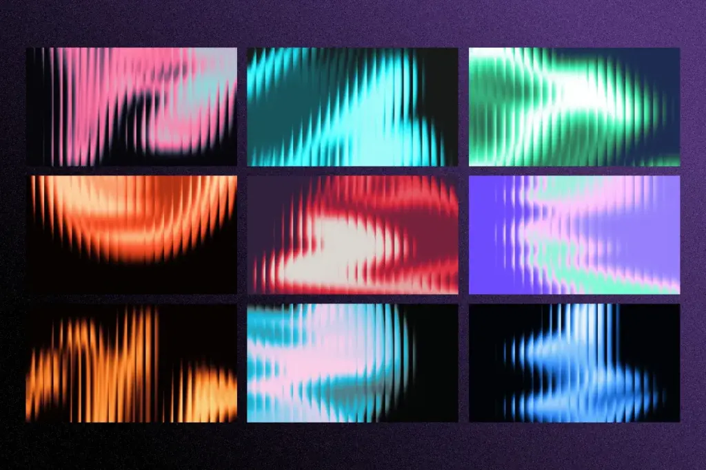 Collage of nine fractal glass gradients with flame-like vertical light streaks in contrasting hot and cold colors.