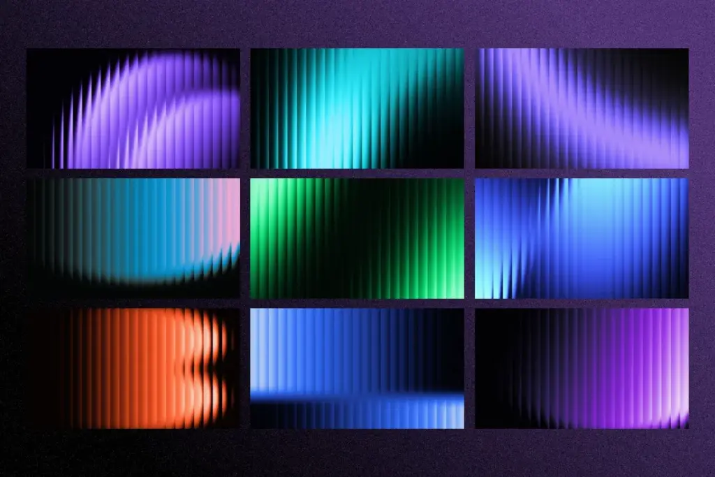 Collage of nine soft fractal glass gradients with sweeping light trails in cool blue, purple, and green.