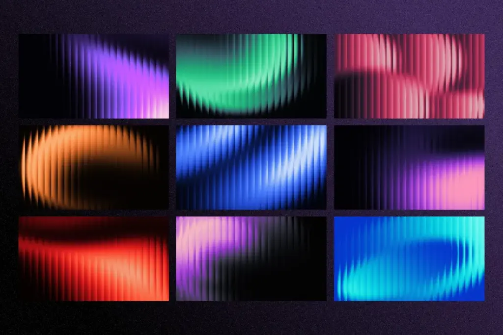 Collage of nine fractal glass gradients with large, defined circular light shapes in primary colors.