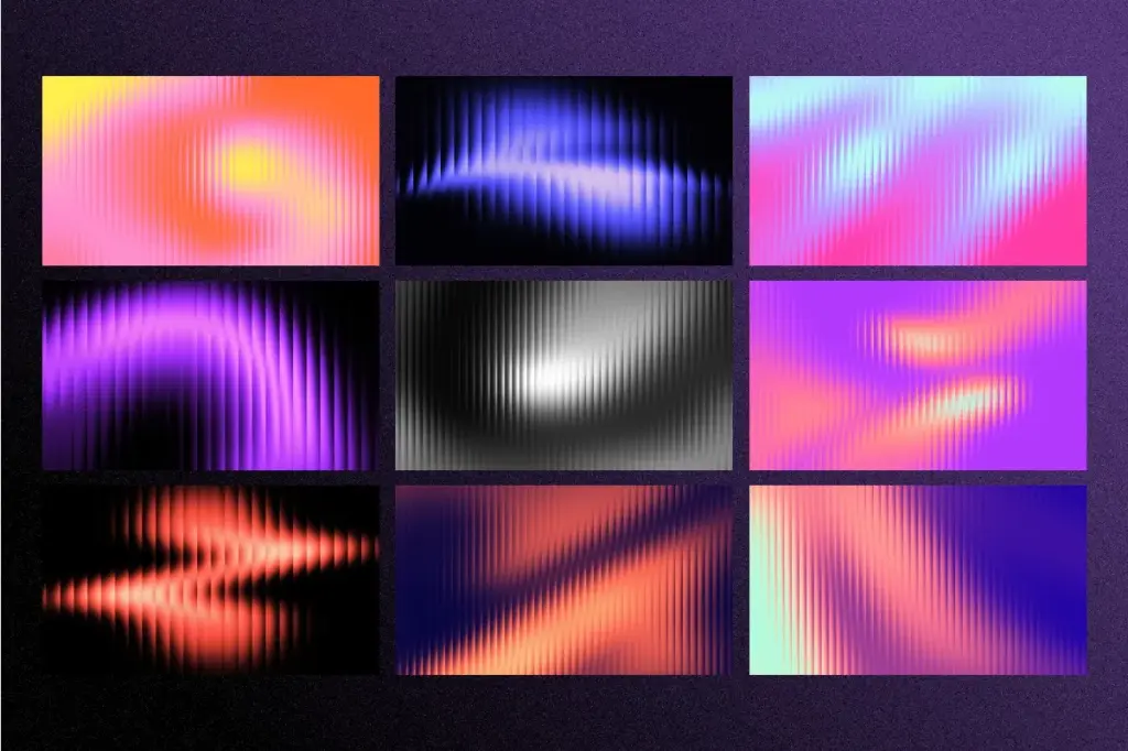 Collage of nine abstract fractal glass gradients, featuring swirl patterns and bright colors.