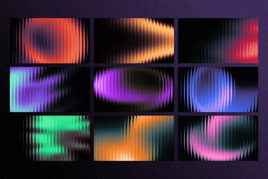 Collage of nine dark fractal glass gradients with glowing abstract shapes in purple, orange, and teal.