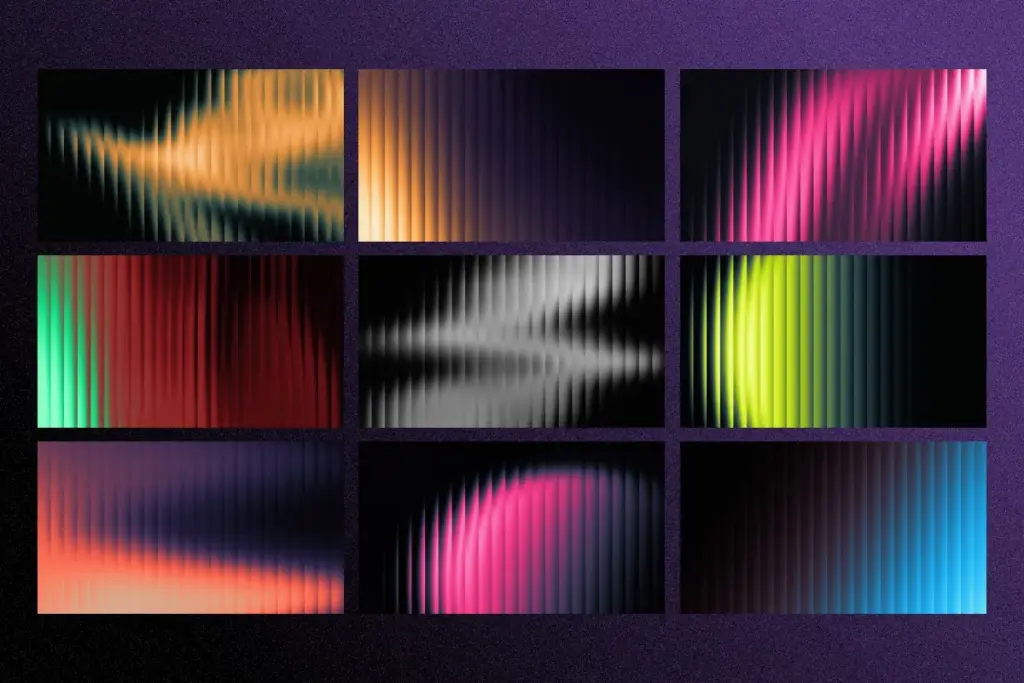 Collage of nine high-contrast fractal glass gradients with dark backgrounds and vivid glowing light in pink, green, and orange.