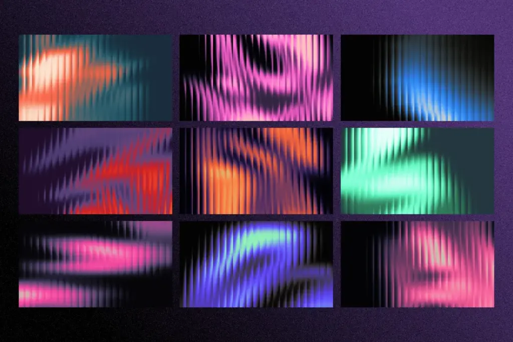 Collage of nine abstract, wavy fractal glass gradients in teal, pink, purple, and orange color blends.