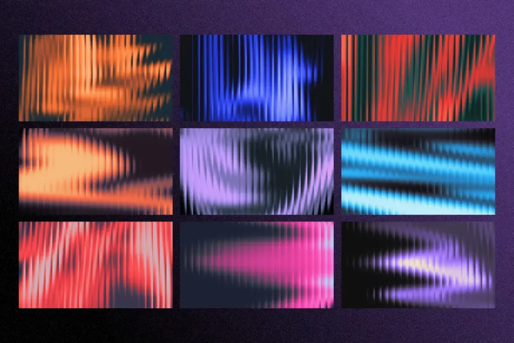 Collage of nine intense fractal glass gradients with fiery red, electric blue, and hot pink vertical light streaks.