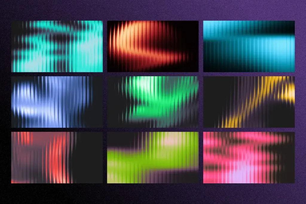 Collage of nine bold fractal glass gradients with curved light shapes in teal, red, green, and blue.