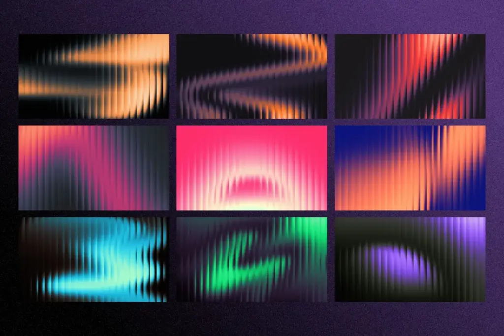 Collage of nine fractal glass gradients with distinct horizontal and circular light patterns.