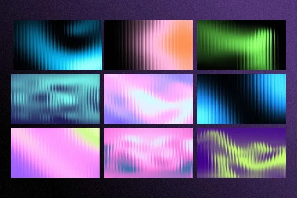 Collage of nine soft and ambient fractal glass gradients, focusing on cool blue and neon pink/green hues.