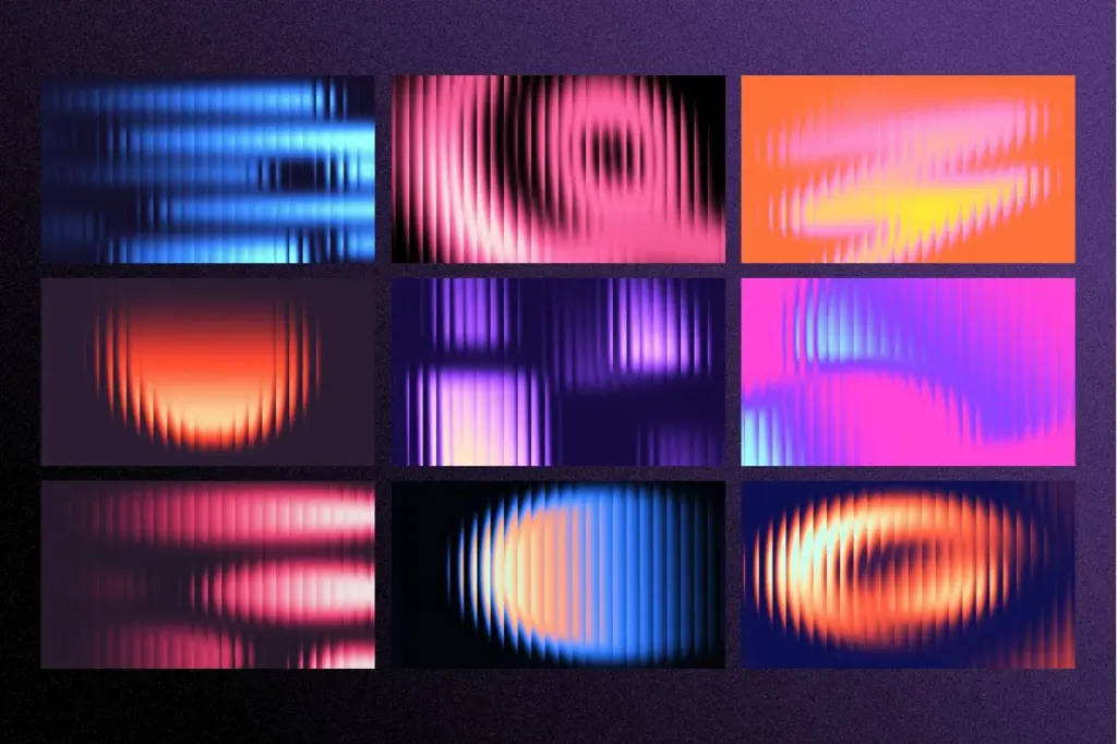 Collage of nine fractal glass gradients with distinct circular and horizontal light patterns.