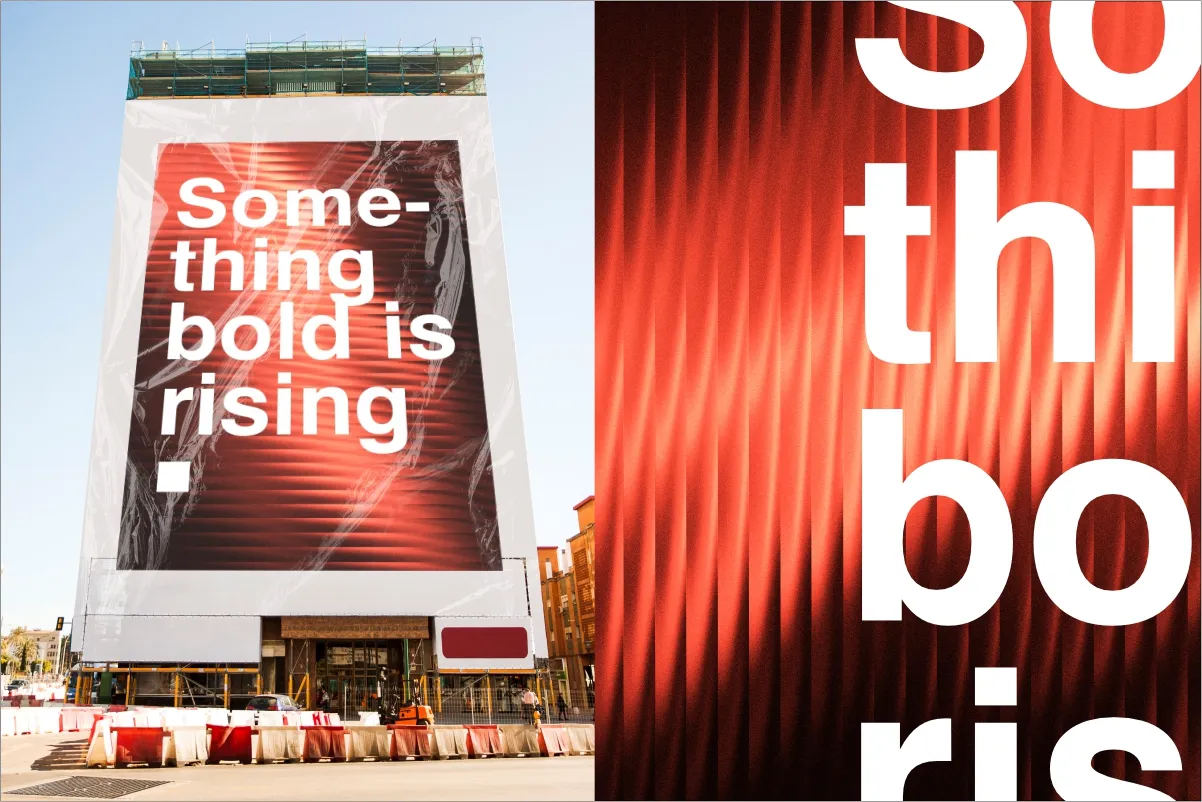 Red fractal glass gradient background on a large construction hoarding advertisement.