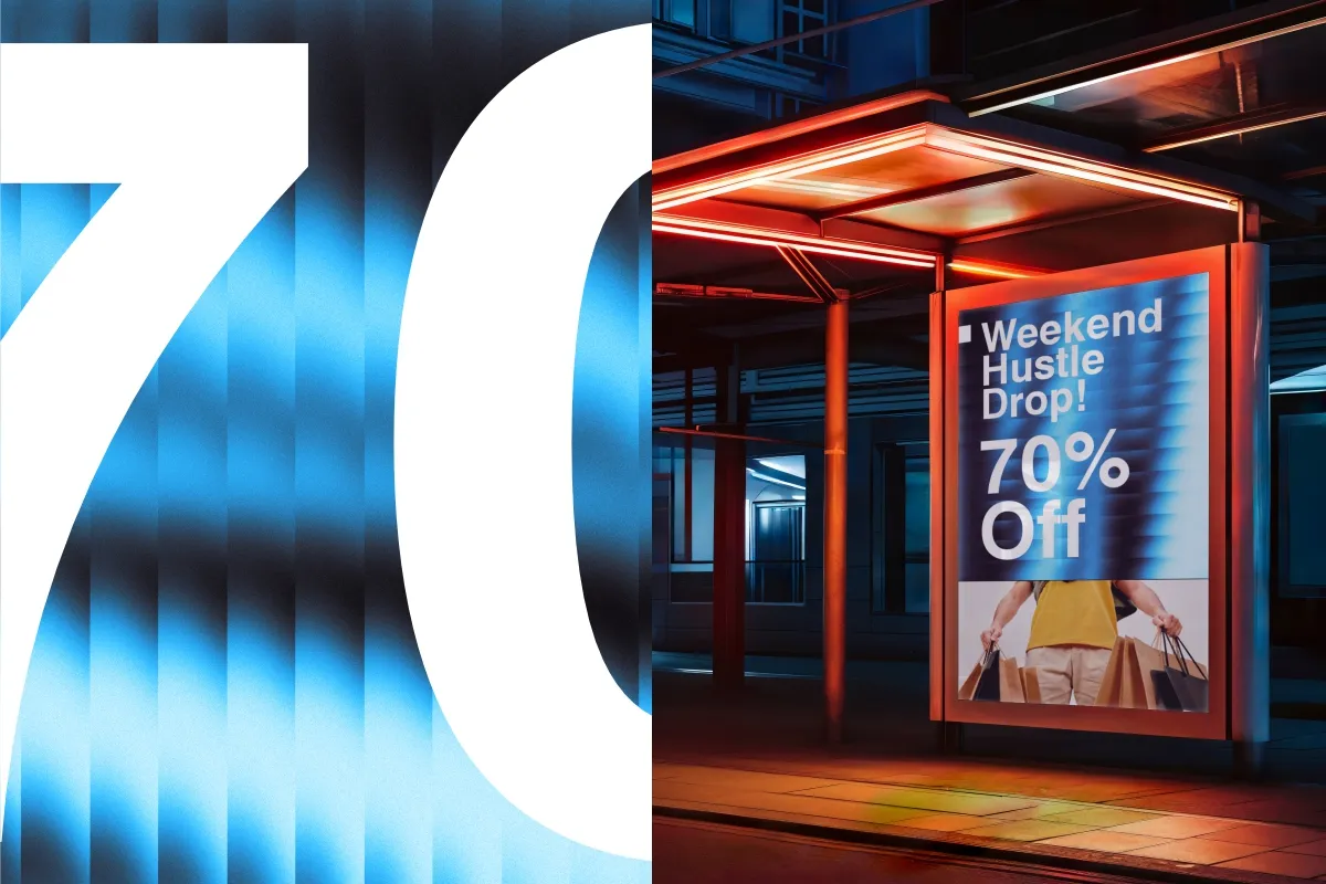 Blue fractal glass gradient and a bus stop ad mockup using the gradient as a background.