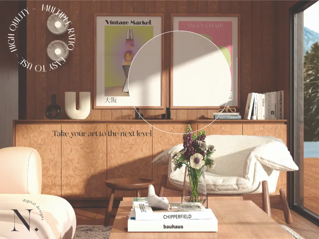 Two framed posters ("Vintage Market" and "Swan Chair" art) hanging above a long wooden cabinet in a modern living room.