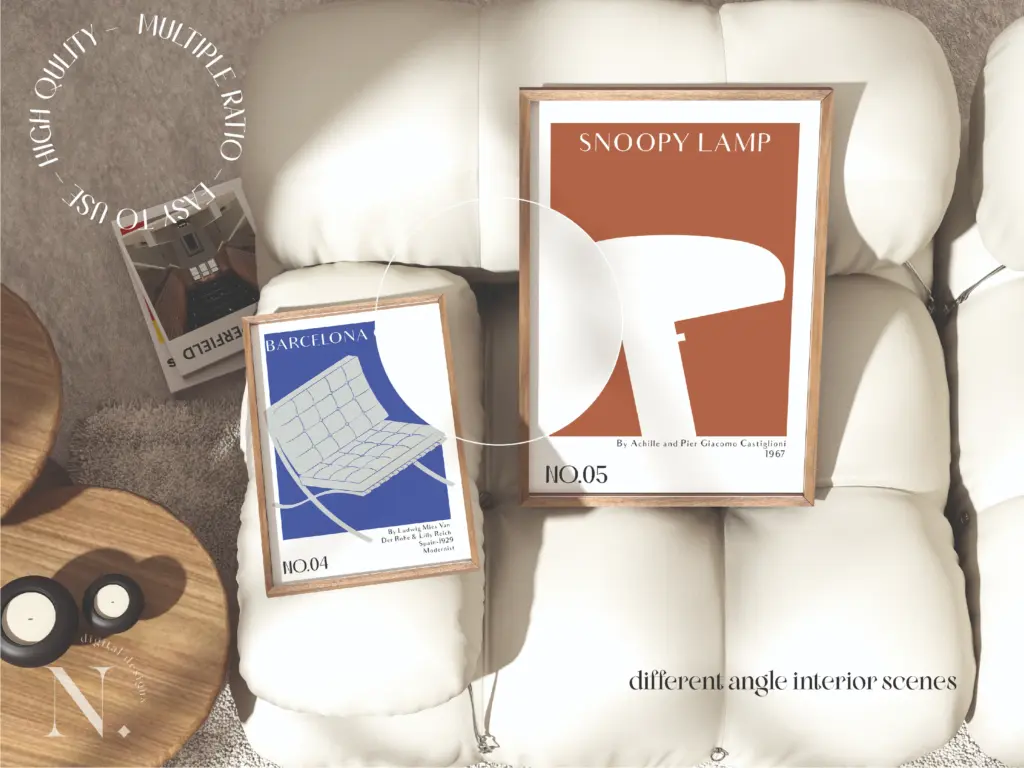 Two framed posters (one "Snoopy Lamp," one "Barcelona" chair) leaning on a white, textured sofa.