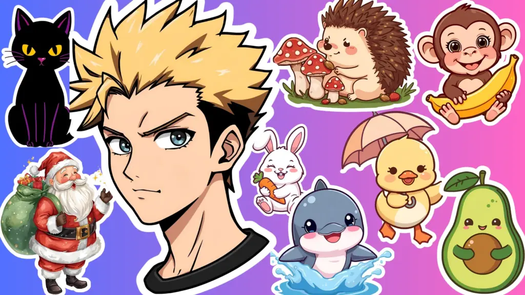 Cartoon hedgehog in cape surrounded by four quirky dogs on a pink-purple background Sticker prompts