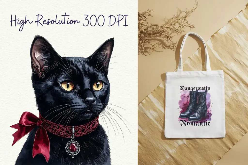 Watercolor portrait of a black cat with yellow eyes wearing a red ribbon and jeweled collar, next to a tote bag featuring a boots and "Dangerously Romantic" design.