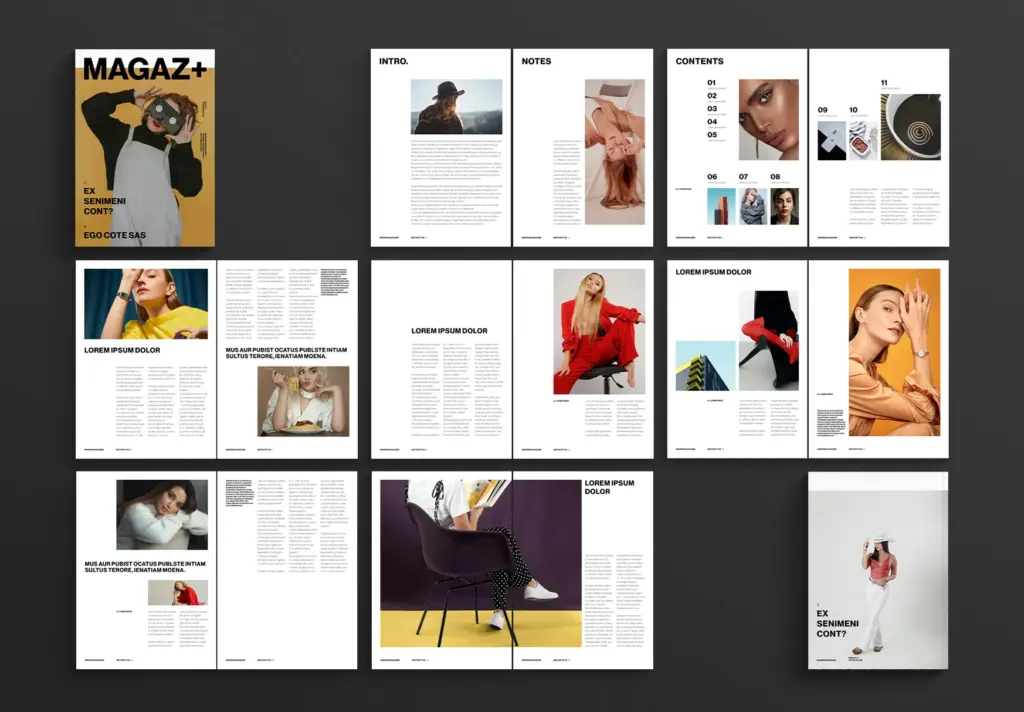 - MAGAZ+ multi-page layout with contents, intro, and fashion photography spreads.