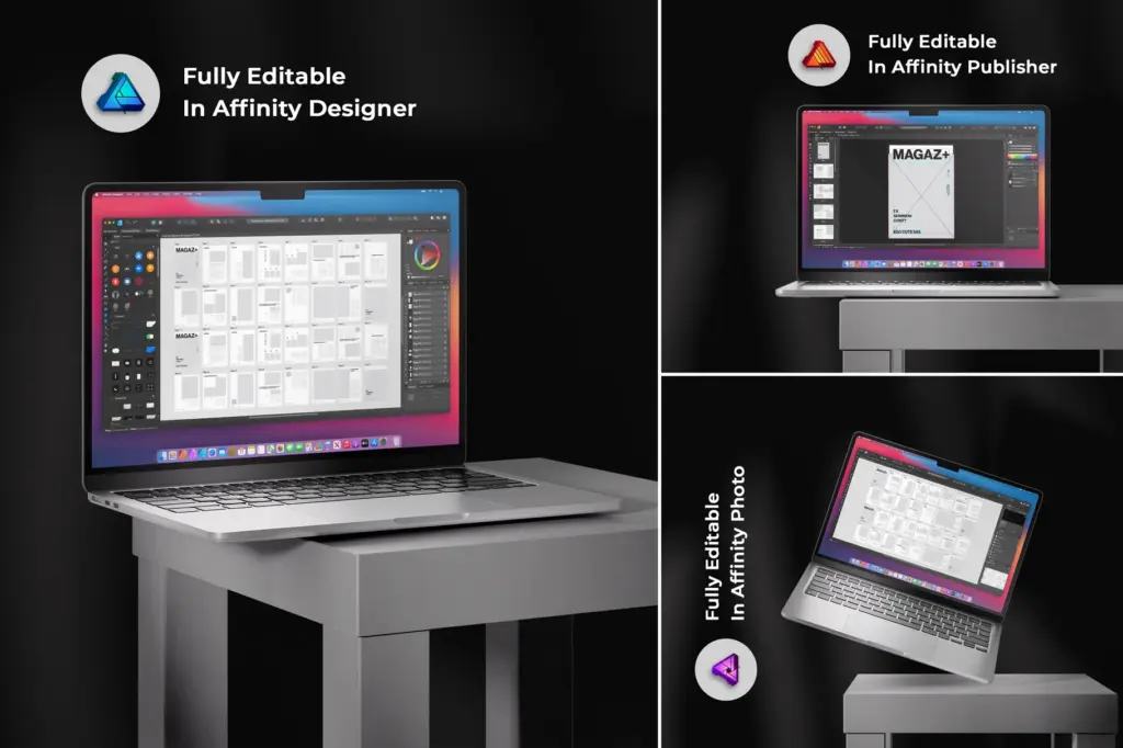 Affinity suite promo showing MAGAZ+ layouts in Designer, Publisher, and Photo apps.