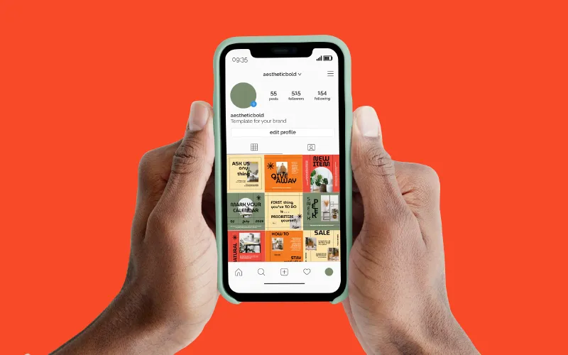 Phone mockup showing a grid of 9 aesthetic and bold Instagram posts on a profile page. The posts have red, orange, green, and beige backgrounds with text like "ASK US anything," "GIVE AWAY," and "NEW ITEM."