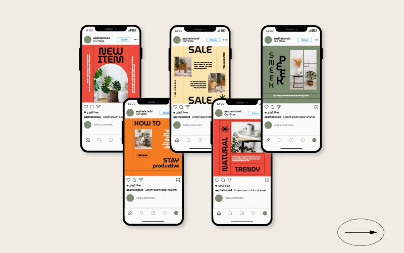 Group of five phone mockups displaying various aesthetic and bold Instagram story/vertical post designs, including "NEW ITEM," "SALE," "SNEAK PEEK," and "NATURAL TRENDY."