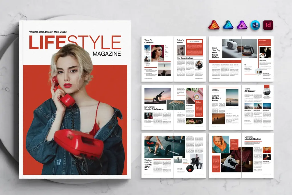 Red phone cover with lifestyle article grid and design software icons.