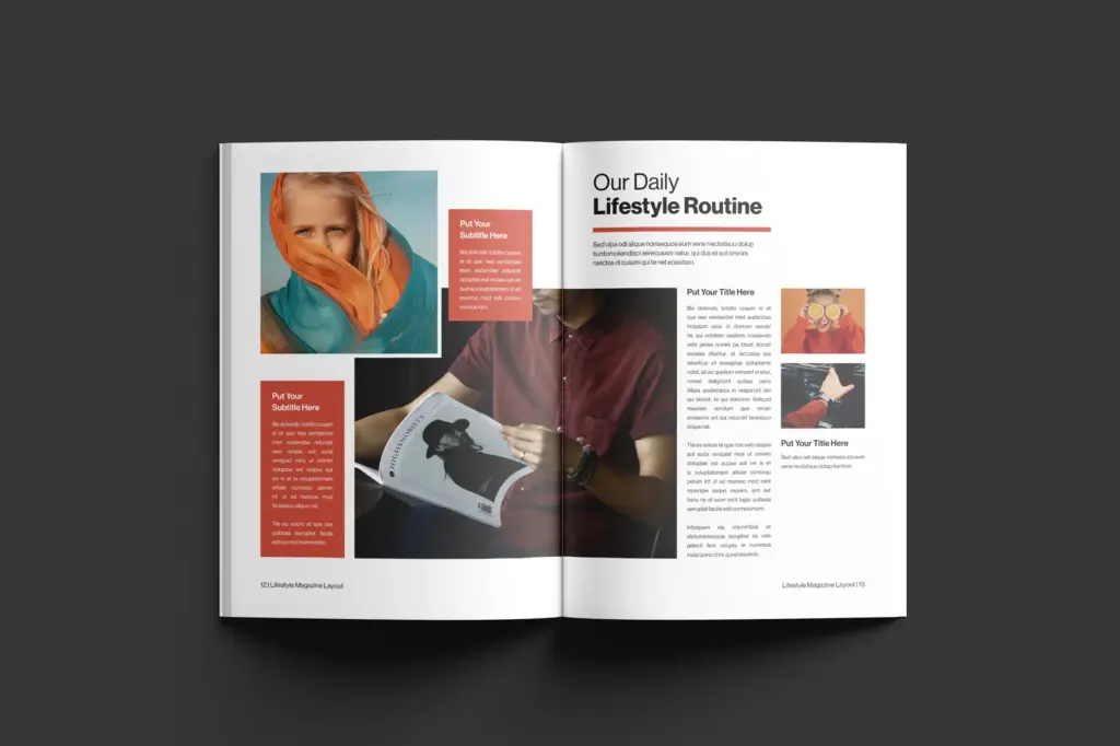 Daily routine spread with red accents and lifestyle imagery.