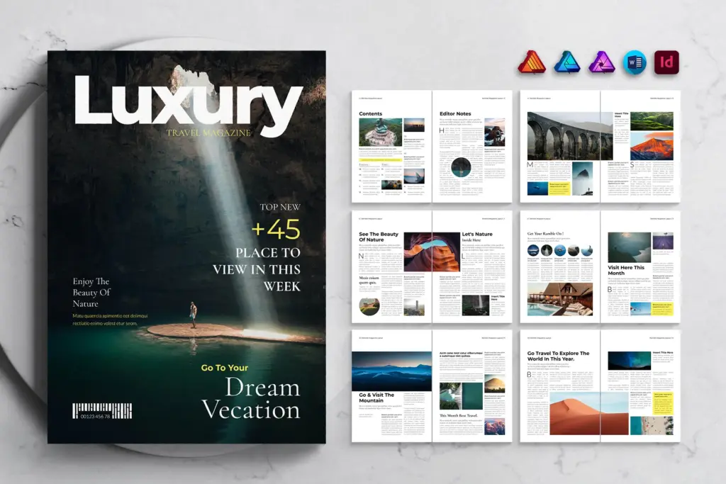 Luxury travel magazine with cave beam and nature spreads.