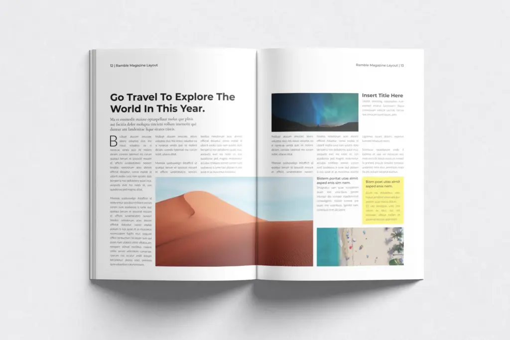 - Travel spread with sand dunes, aurora, and beach scenes.