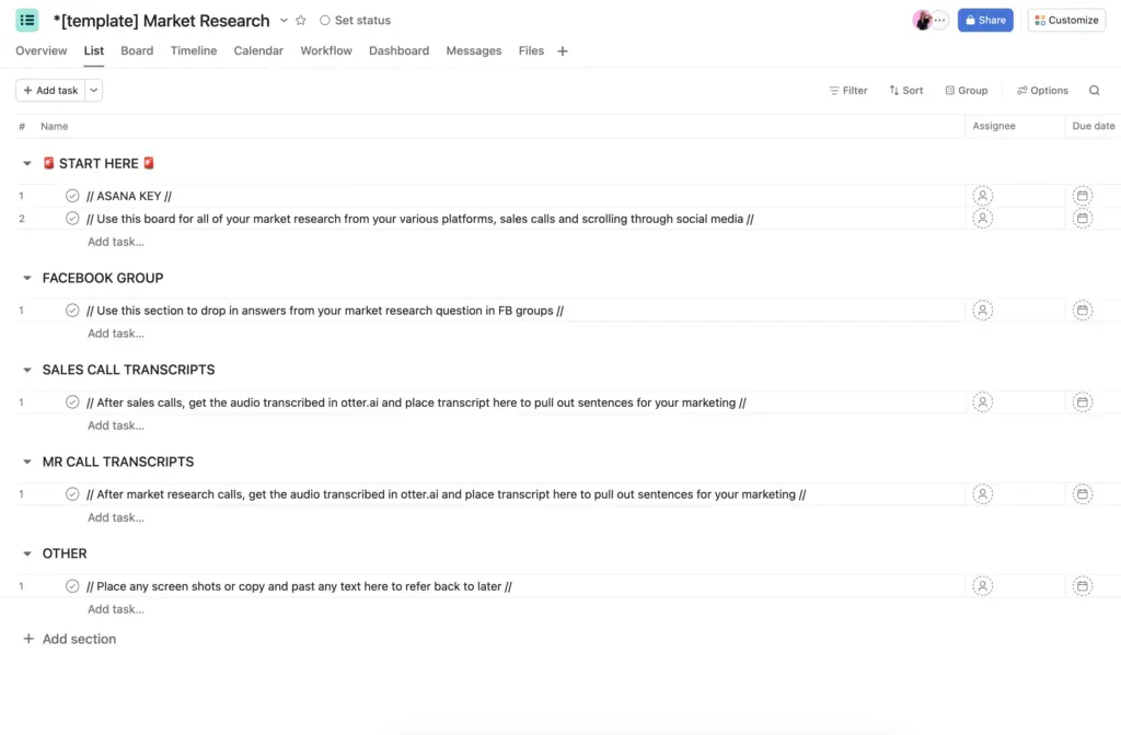 Market Research Asana Templates