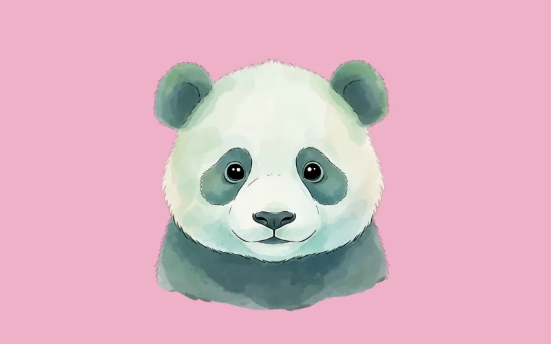 Soft watercolor-style panda head on pink background with expressive eyes